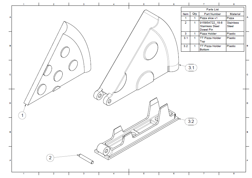 Technical drawing of pizza slice components, including a pizza slice-shaped piece, a pizza holder, and a dowel pin, with labeled parts list.